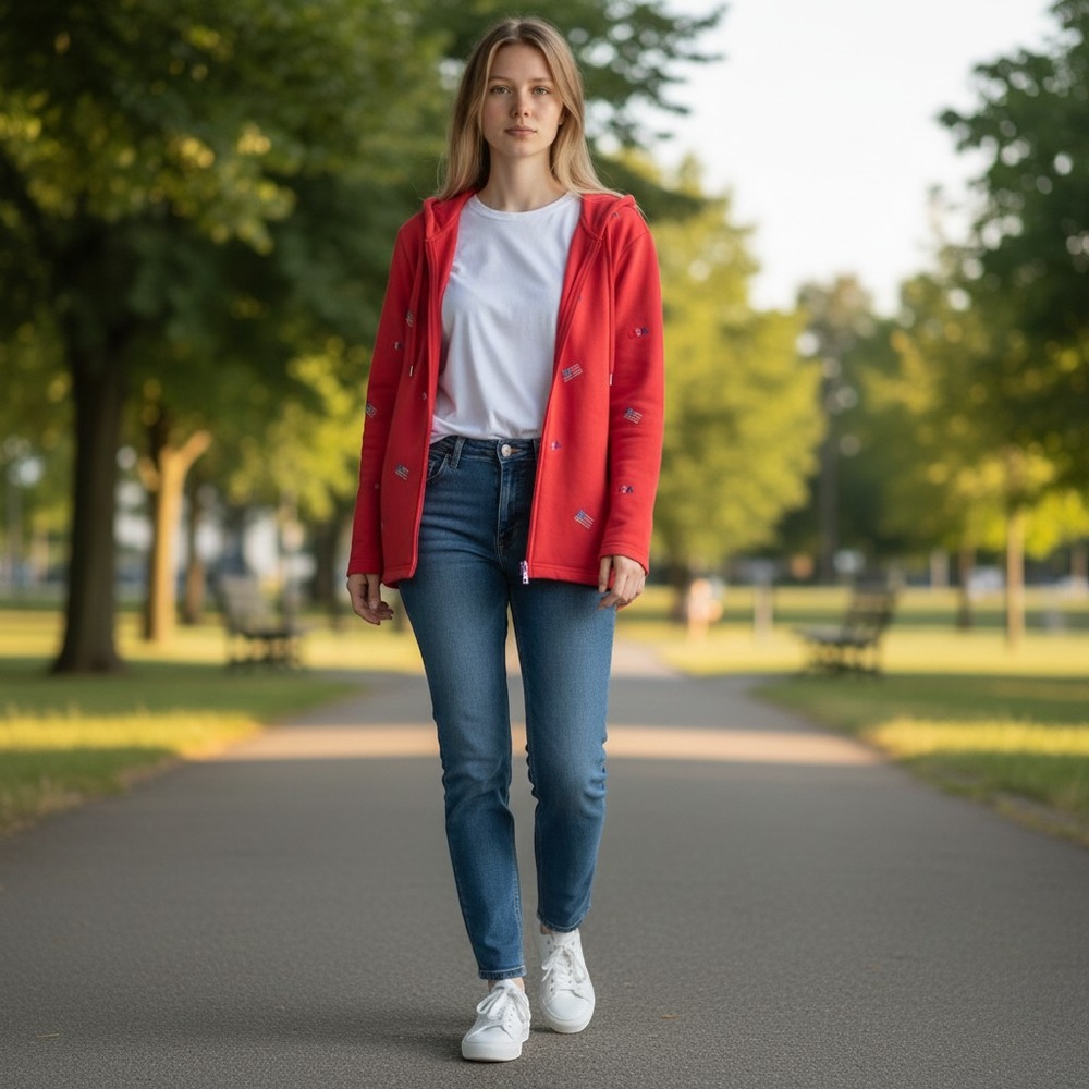 Womens Red Zip Up Hoodie American Flag Embroidered Sweatshirt Jacket